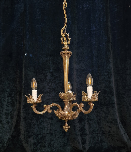 Decorative Vintage Italian 3 Arm Brass Floral Chandelier Light