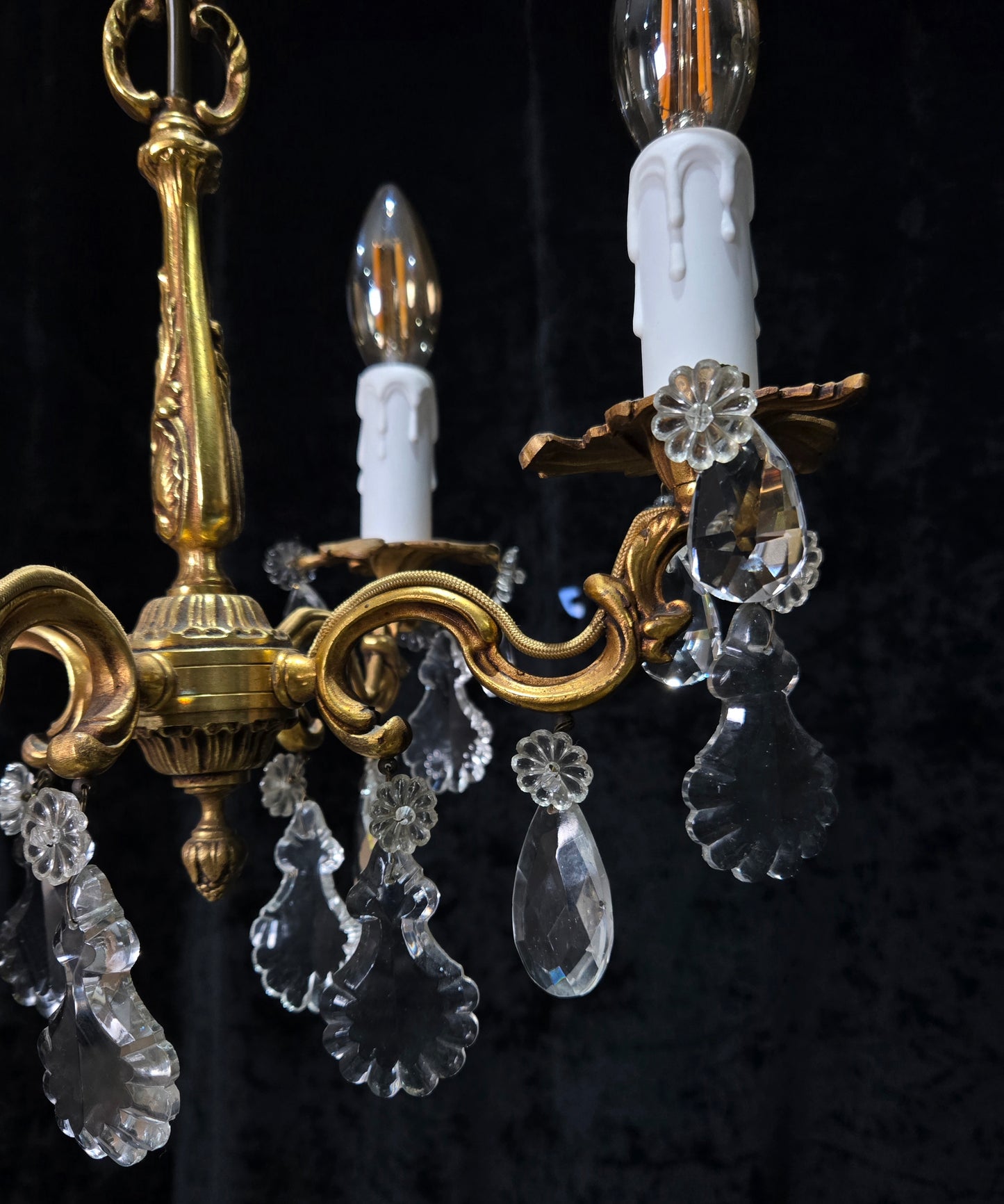 Beautiful Antique Petite French 4 Arm Bronze Brass Crystal Chandelier Light