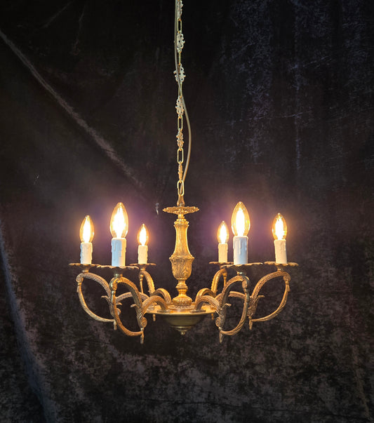 Decorative Vintage Spelter and Brass 6 Arm Decorative Chandelier Ceiling Light
