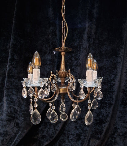 Lovely Elegant Vintage Italian 5 Arm Brass Crystal Chandelier Ceiling Light