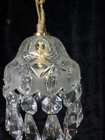 Beautiful Petite Cut Glass Crystal Antique Shade Brass Pendant Light Chandelier