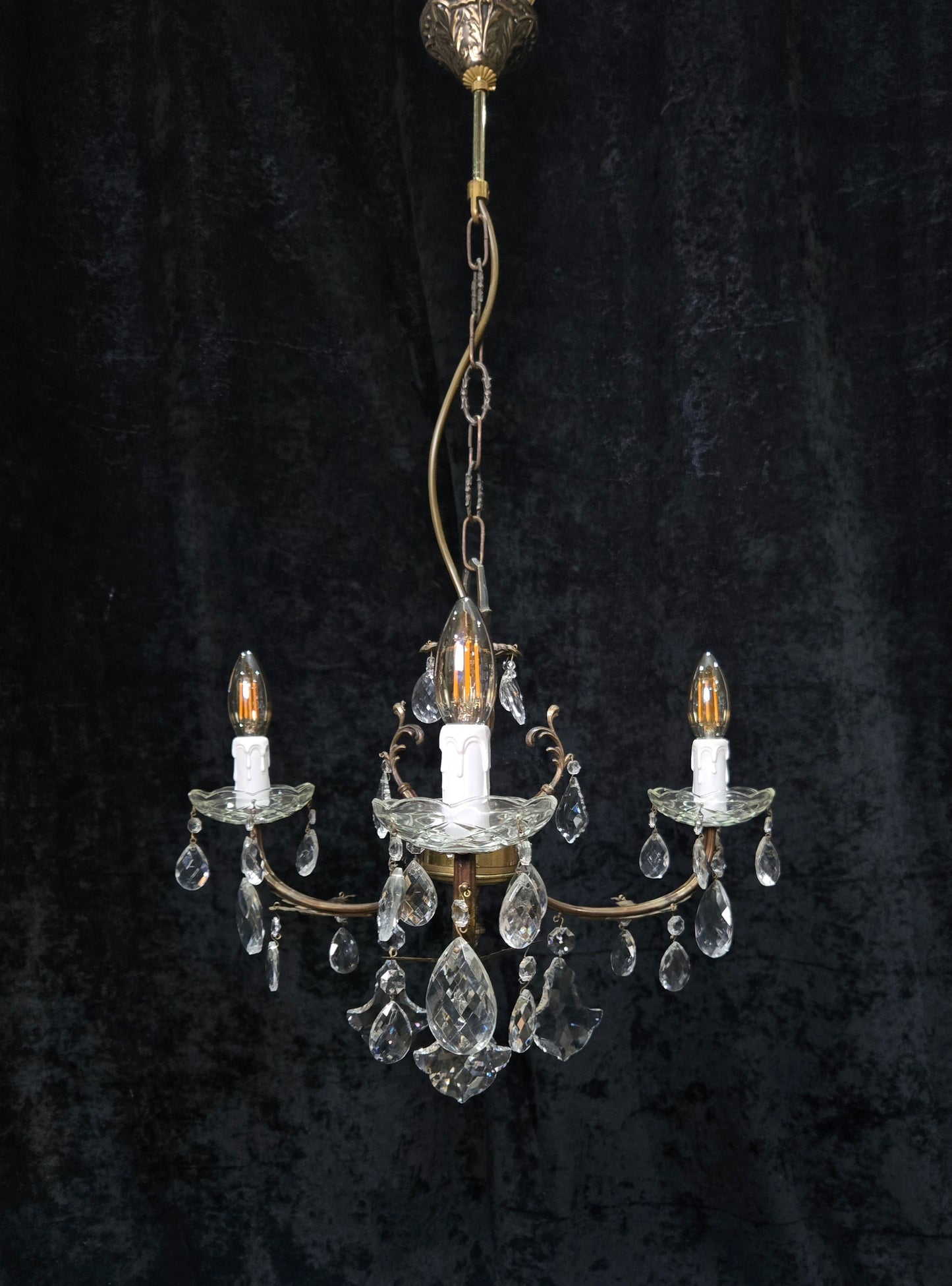 Lovely Vintage Italian 3 Arm Brass Foliage Crystal Chandelier Ceiling Light