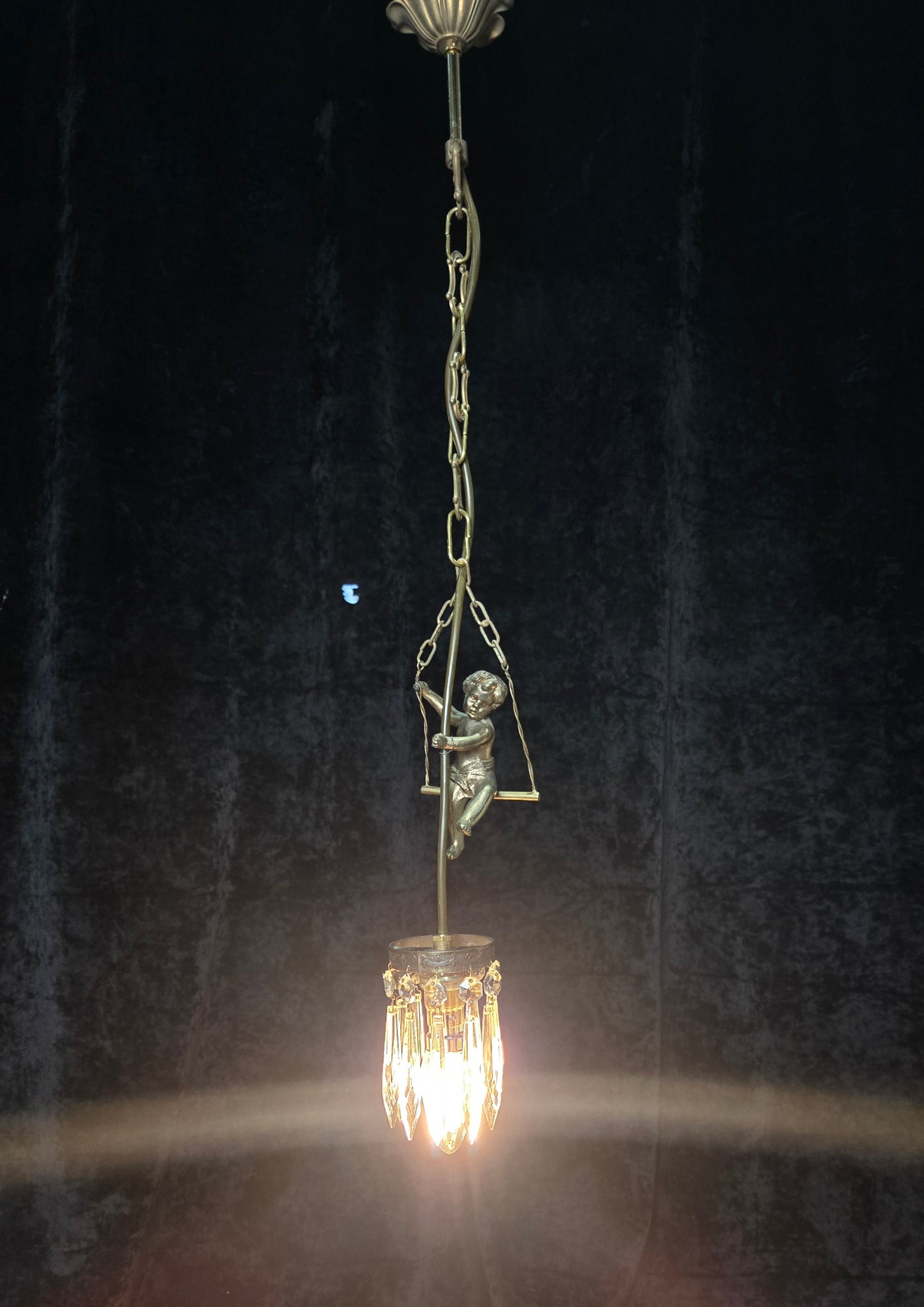 Beautiful Petite Vintage French Brass Cherub Crystal Chandelier Ceiling Light