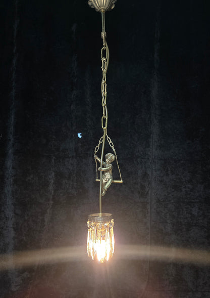 Beautiful Petite Vintage French Brass Cherub Crystal Chandelier Ceiling Light