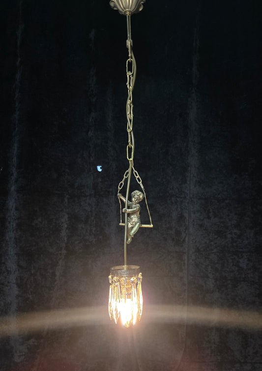 Beautiful Petite Vintage French Brass Cherub Crystal Chandelier Ceiling Light