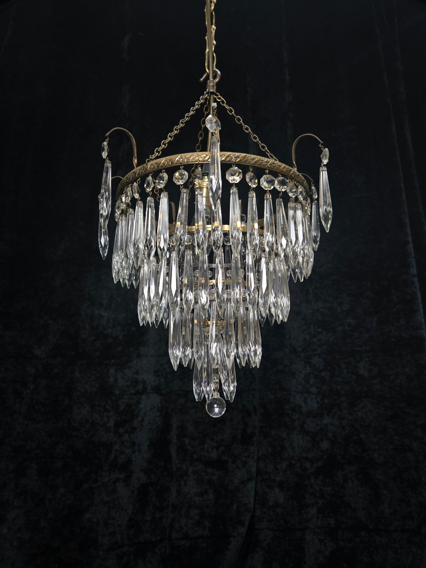 Fabulous Antique French Brass 4 Tier Waterfall Crystal Chandelier Ceiling Light