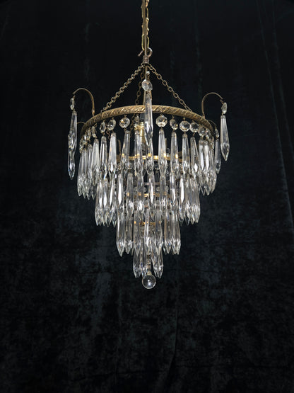Fabulous Antique French Brass 4 Tier Waterfall Crystal Chandelier Ceiling Light