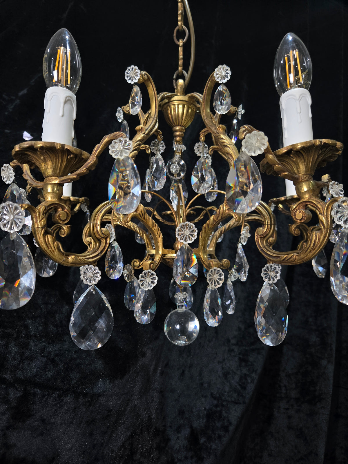 Traditional Antique French 5 Arm Heavy Bronze Cage Crystal Chandelier Light
