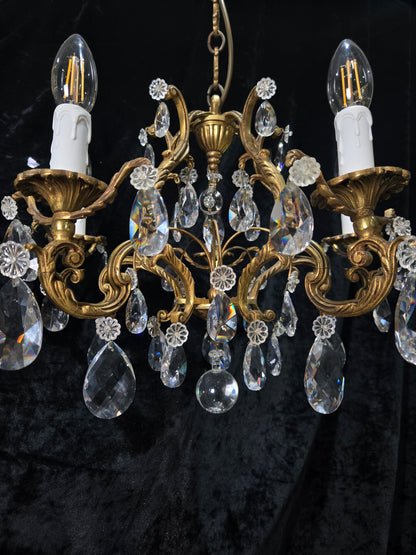 Traditional Antique French 5 Arm Heavy Bronze Cage Crystal Chandelier Light