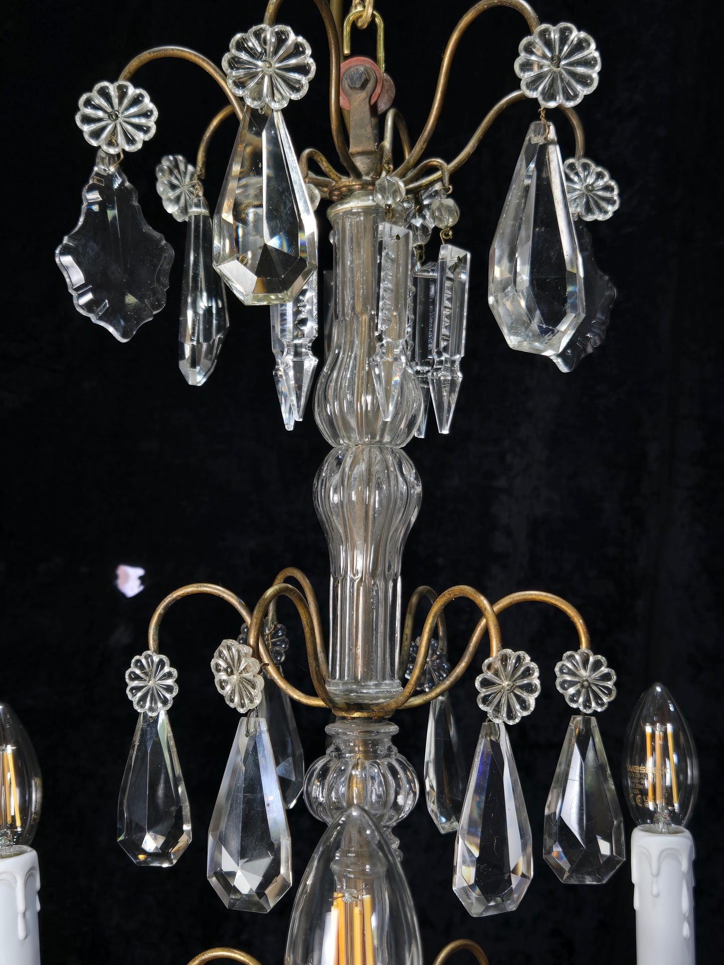 Traditional Tall Antique French 6 Arm Brass Crystal 3 Tier Chandelier Light