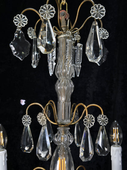 Traditional Tall Antique French 6 Arm Brass Crystal 3 Tier Chandelier Light