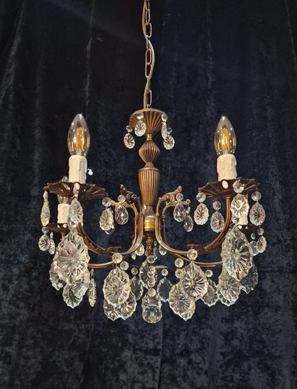 Beautiful Elegant Vintage Italian 5 Arm Brass Crystal Chandelier Ceiling Light