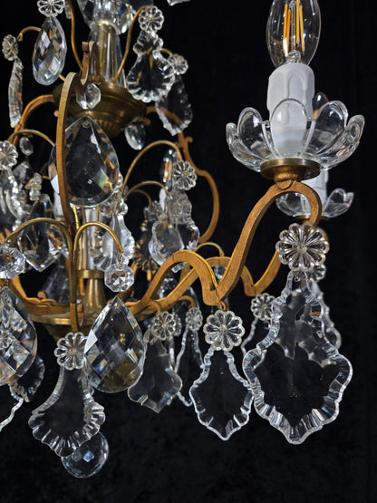 Gorgeous Antique French 6 Arm 7 Light Brass Bronze Cage Crystal Chandelier Light