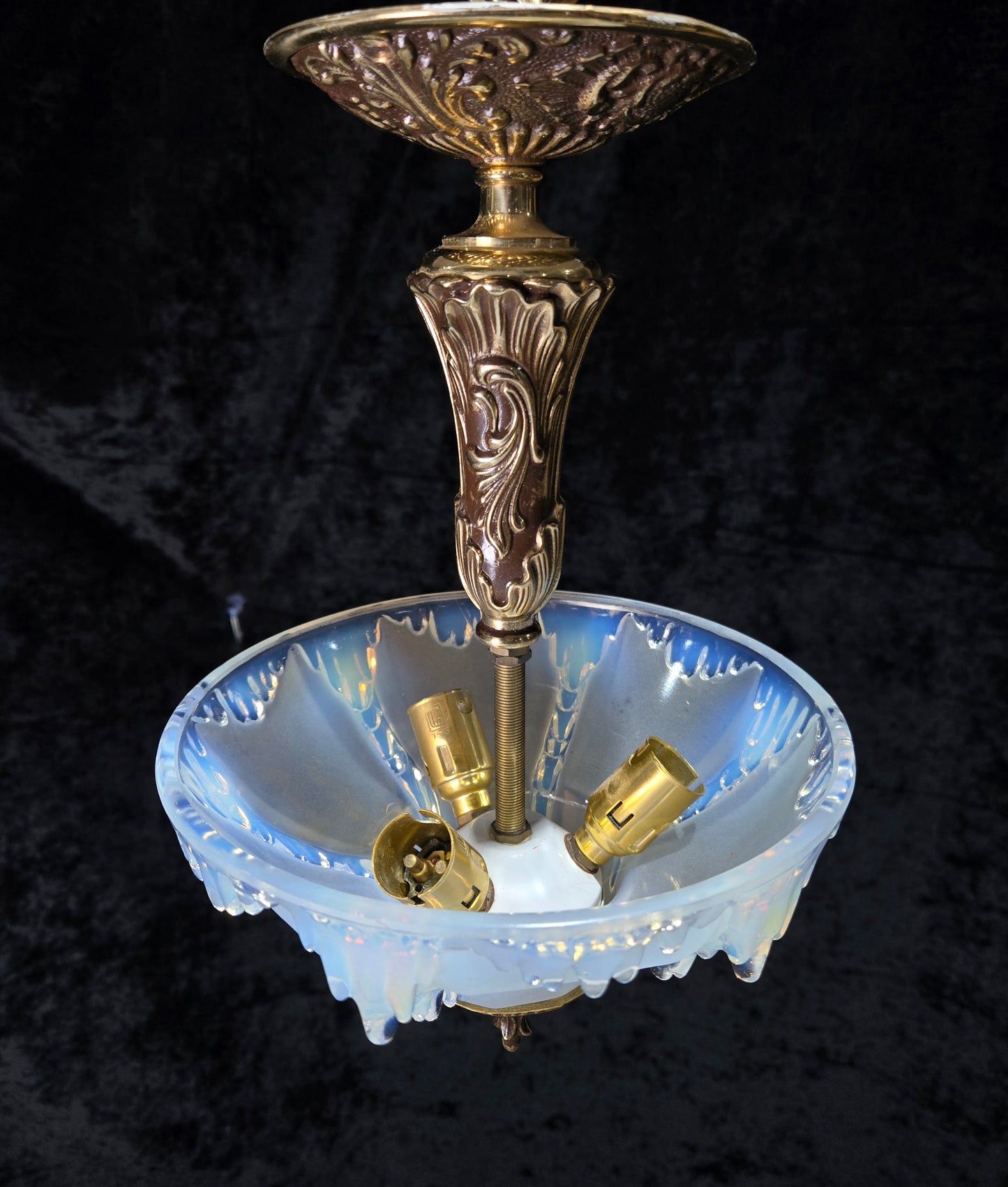 Unique Vintage 3 Light Brass EZAN Vaseline Glass Flush Ceiling Pendant Lantern