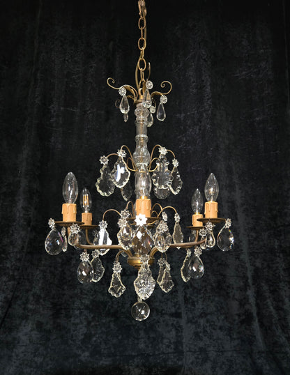 Beautiful Antique French 6 Arm Brass 3 Tier Crystal Chandelier Ceiling Light