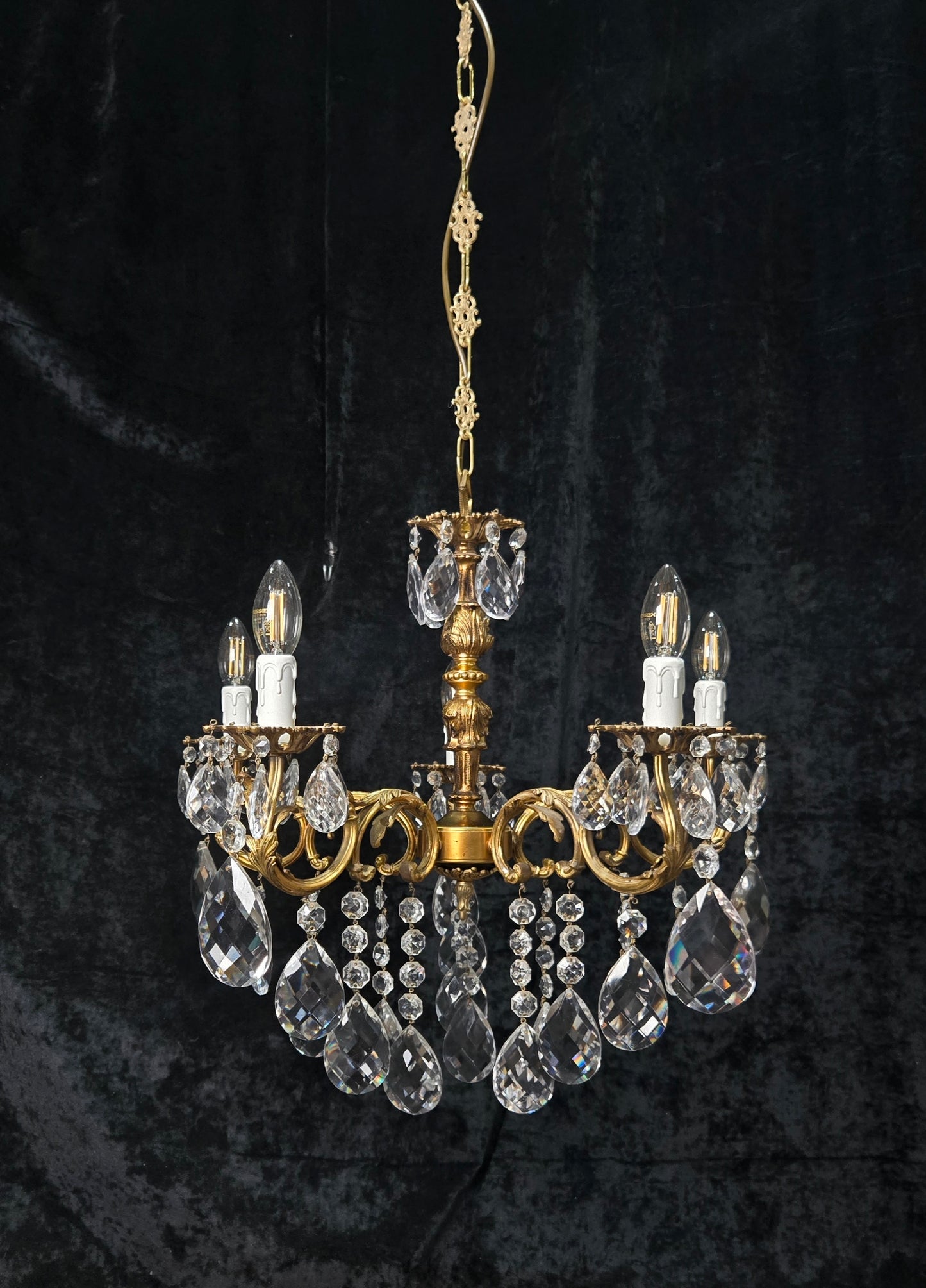 Fabulous Vintage French 5 Arm Brass Heavy Crystal Leaf Chandelier Ceiling Light