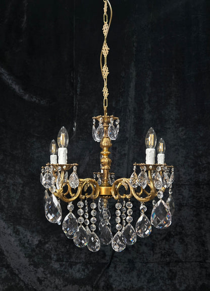 Fabulous Vintage French 5 Arm Brass Heavy Crystal Leaf Chandelier Ceiling Light
