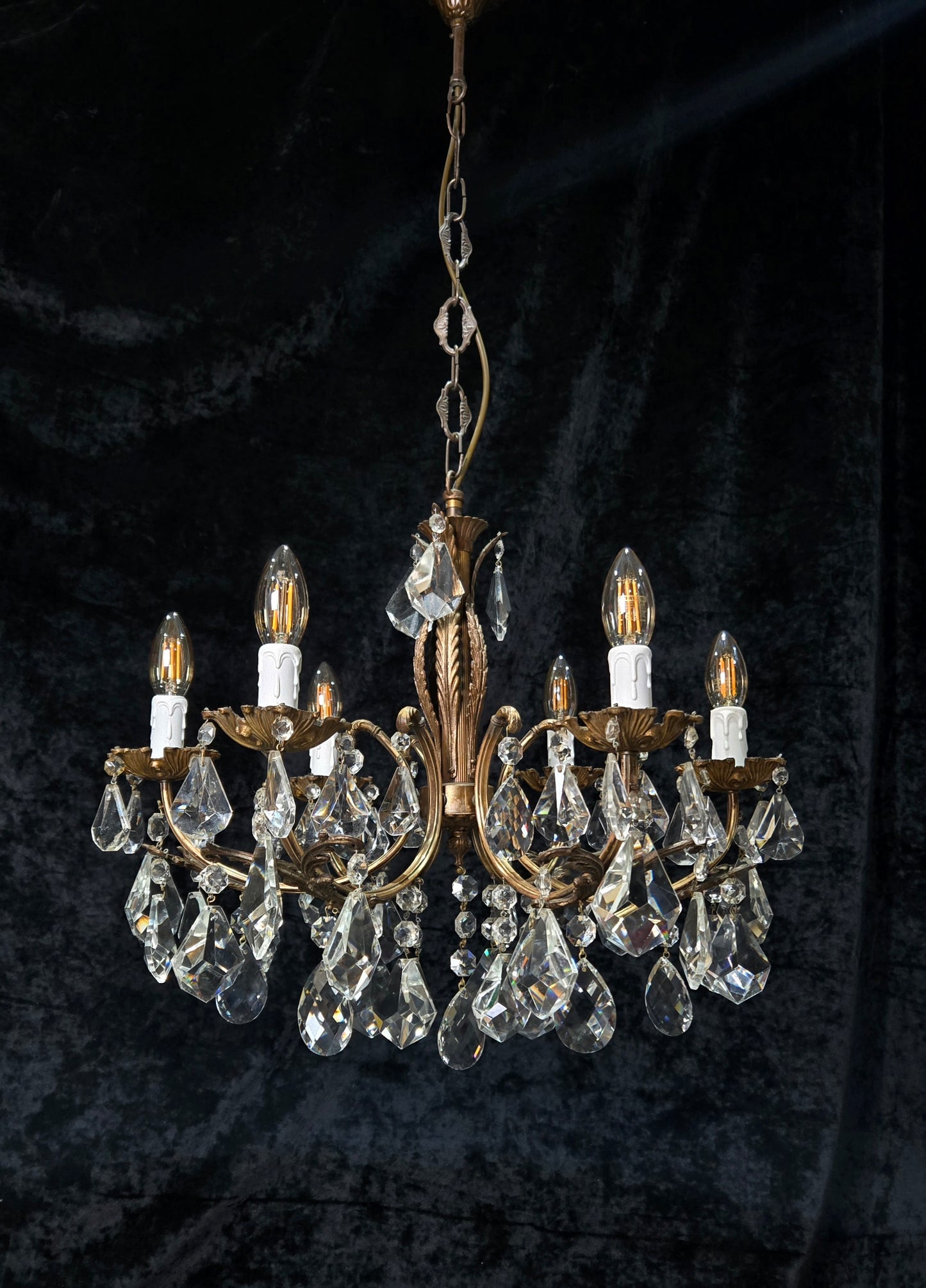 Fabulous Heavy Vintage Italian 6 Arm Leaf Crystal Chandelier Ceiling Light