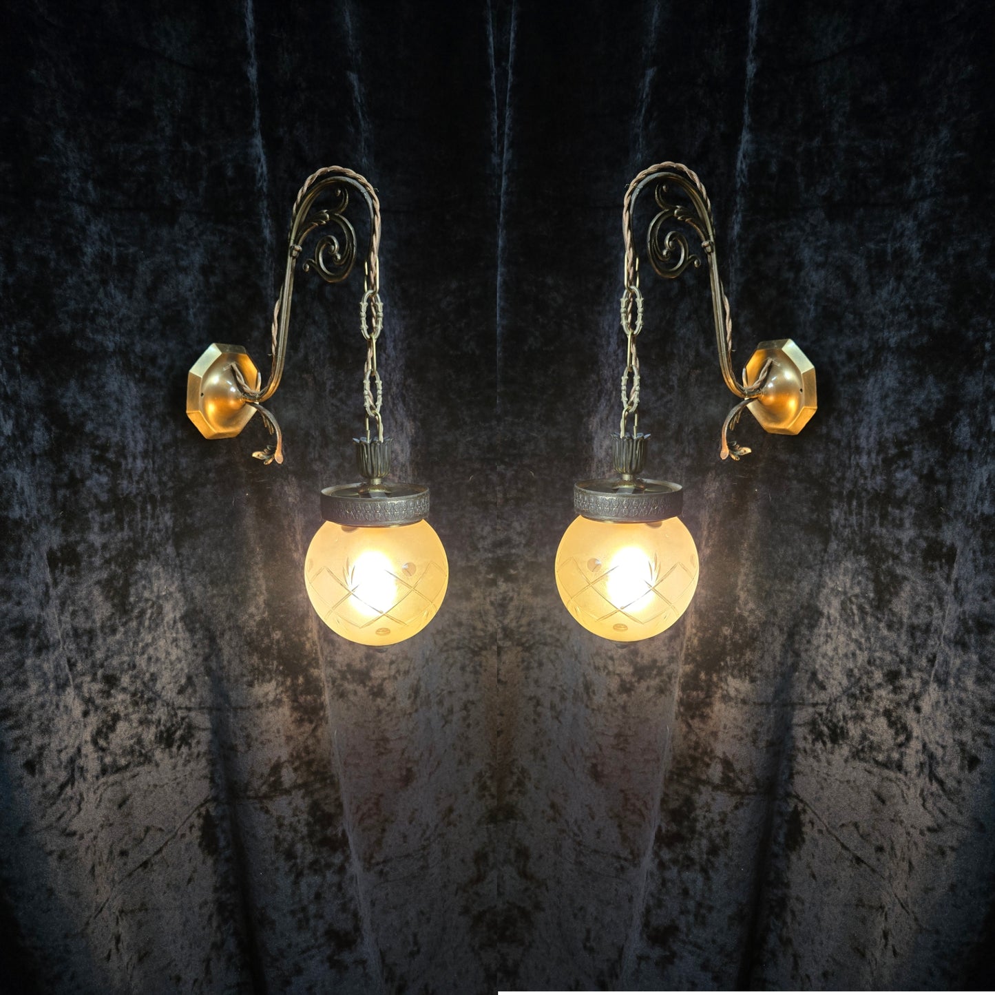 Unique Pair of Vintage Italian Brass Glass Lantern Wall Lights Sconces