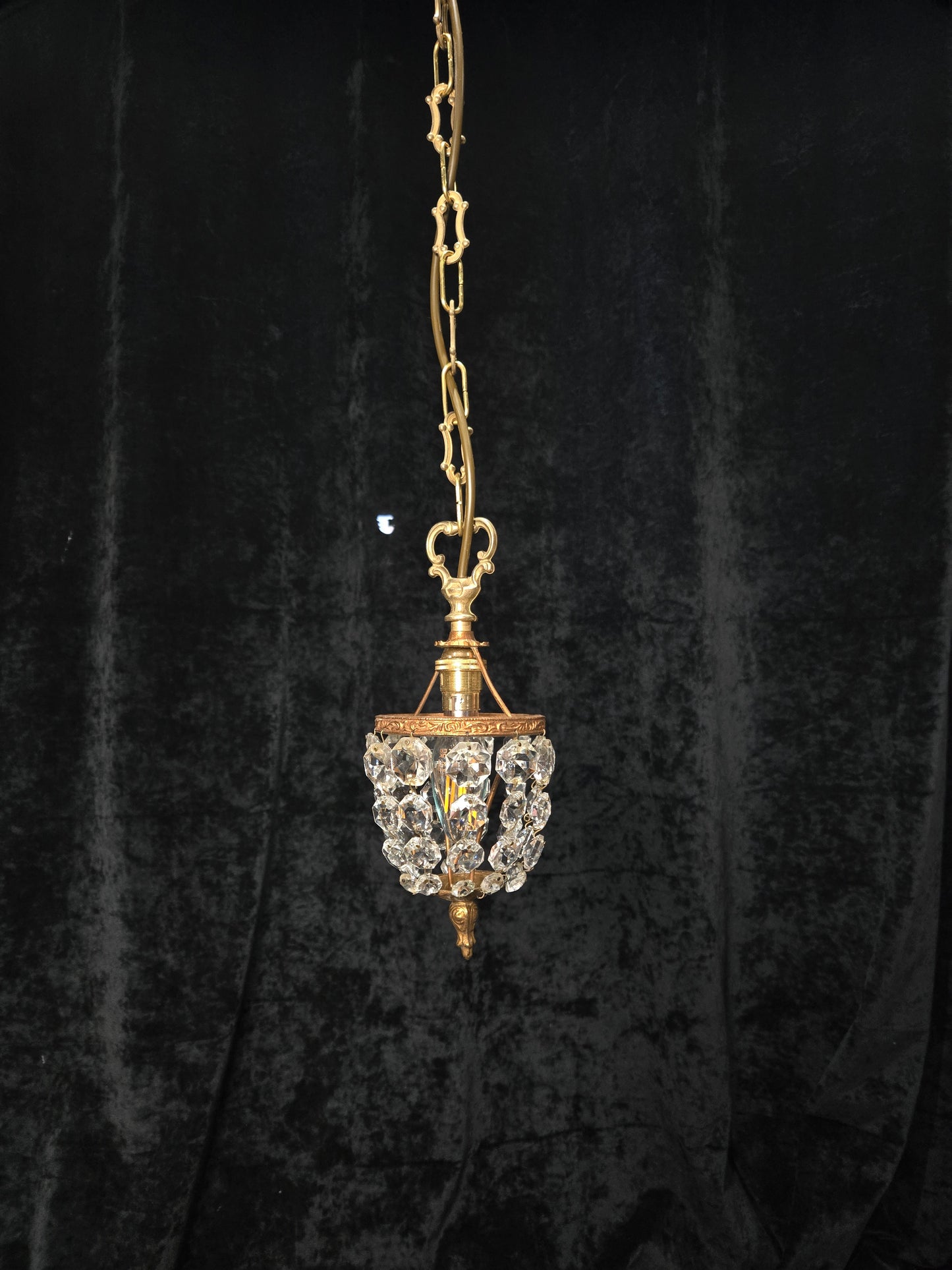 Petite Vintage French Crystal Half Bag Brass 1 Light Chandelier Ceiling Light