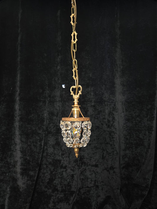 Petite Vintage French Crystal Half Bag Brass 1 Light Chandelier Ceiling Light