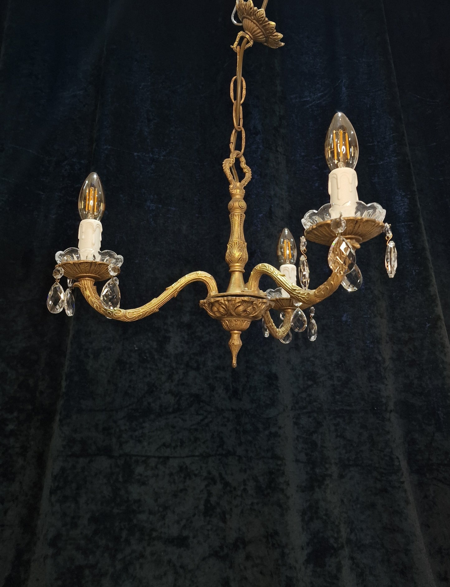 Lovely Vintage French Gilded Crystal Glass 3 Arm Chandelier Light