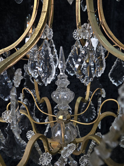 Classical Antique French 6 Arm Caged Bronze Crystal Chandelier Ceiling Light