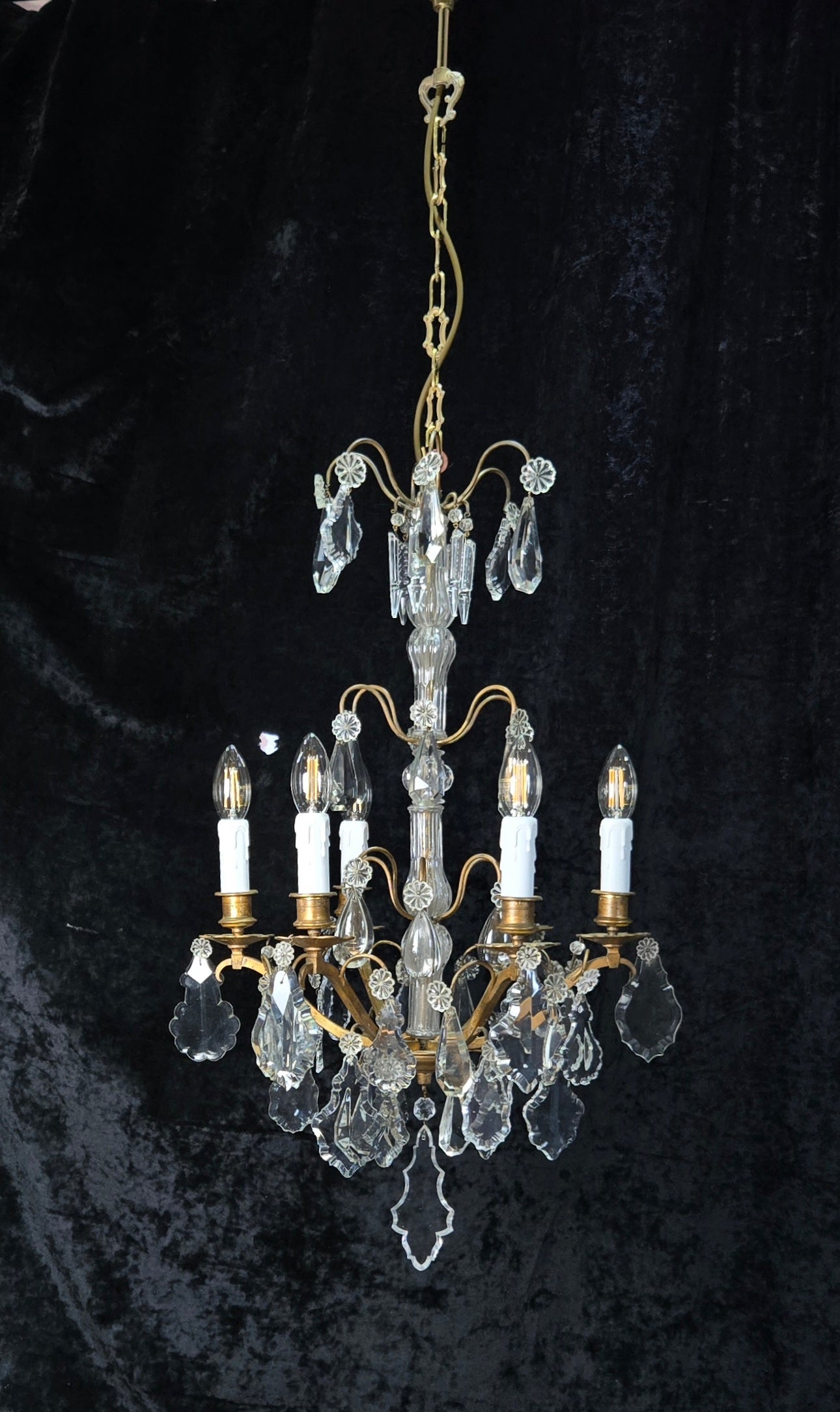 Traditional Tall Antique French 6 Arm Brass Crystal 3 Tier Chandelier Light
