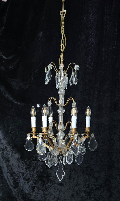 Traditional Tall Antique French 6 Arm Brass Crystal 3 Tier Chandelier Light