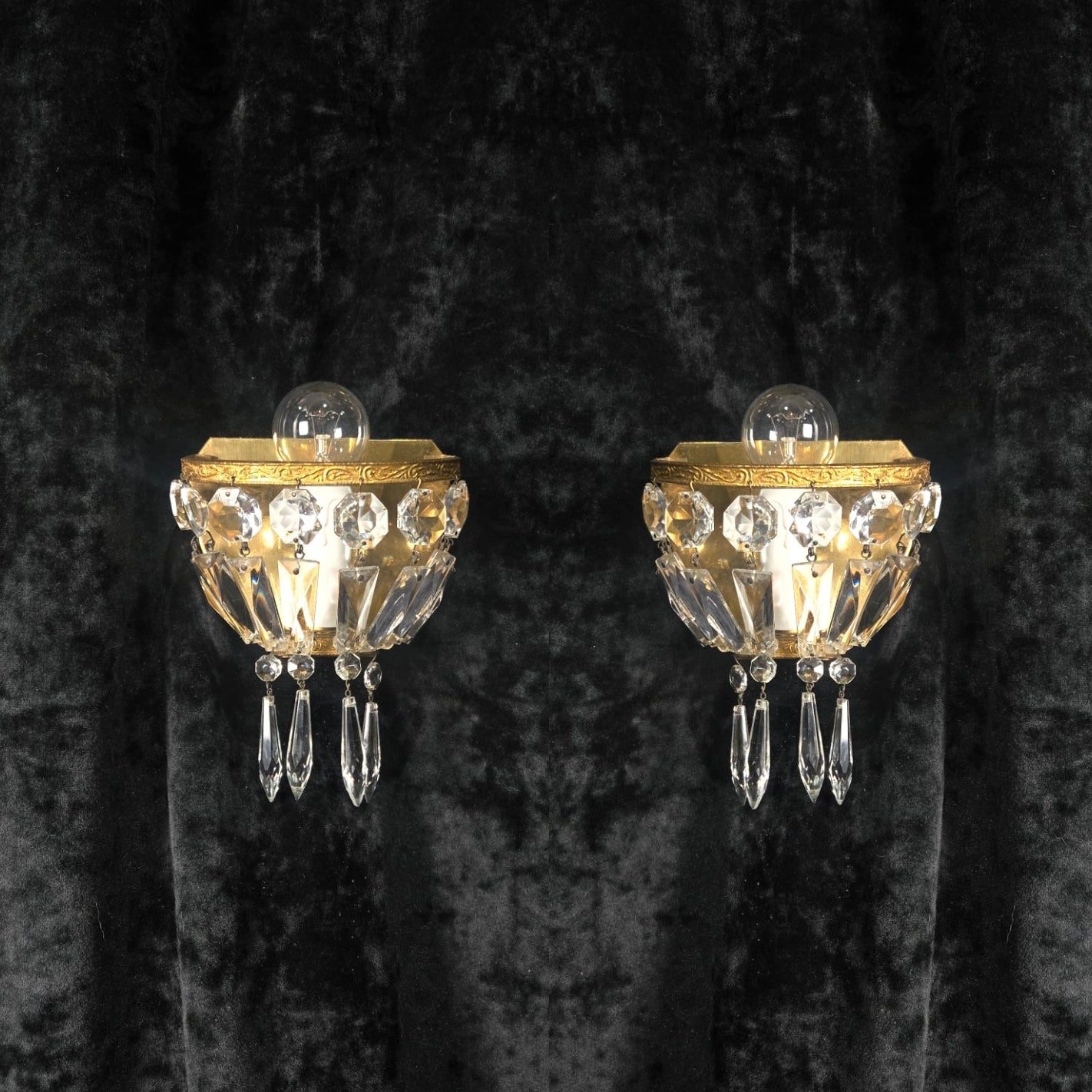 Stunning Pair Antique French Brass Crystal Montgolfiere Sconces Wall Lights