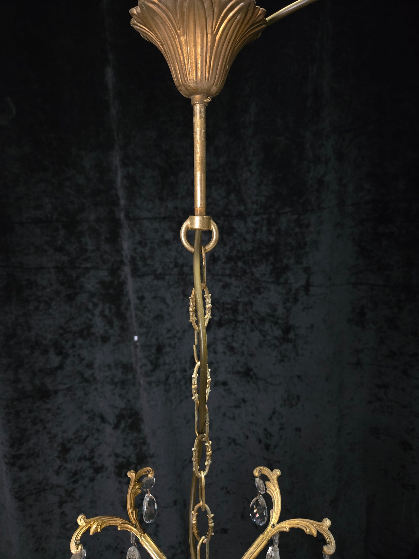 Beautiful Vintage Italian 3 Arm Brass Crystal Cage Chandelier Ceiling Light