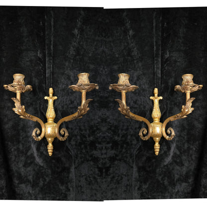 Decorative Pair of Antique French 2 Arm Solid Brass Candle Wall Lights Sconces