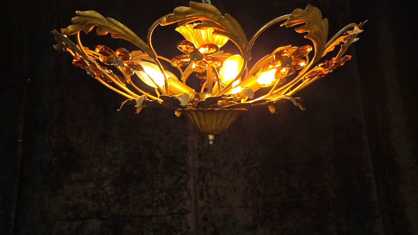 Beautiful Vintage Italian Banci 5 Light Gilded Toleware Flush Ceiling Chandelier