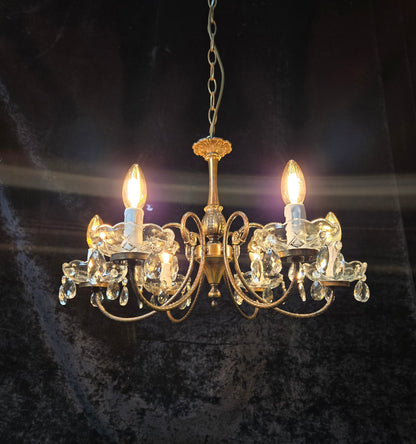 Classical Vintage Italian Brass 6 Arm Glass Crystal Chandelier Ceiling Light