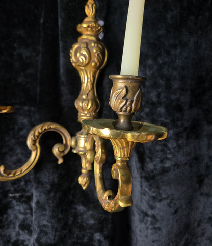 Fine Pair of Heavy Antique French Bronze Rococo Style Candle Wall Lights Sconces