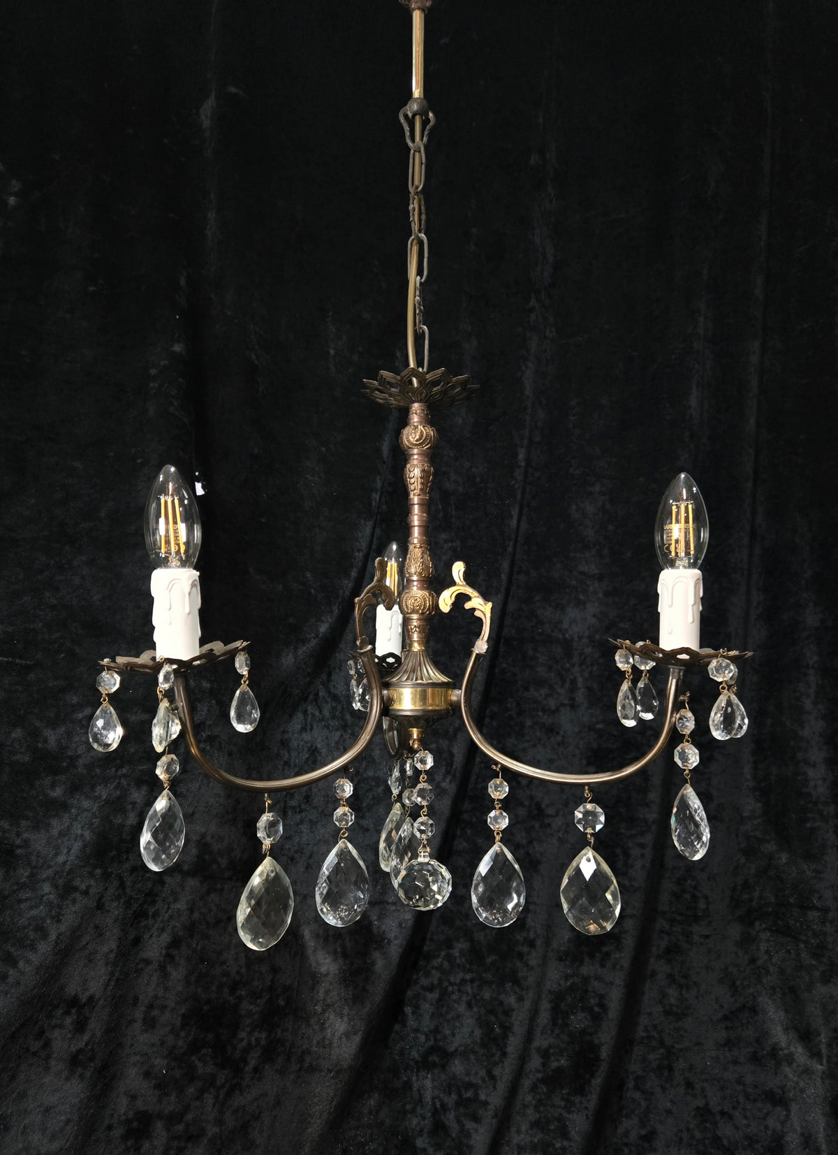 Lovely Vintage Italian 3 Arm Brass and Crystal Chandelier Ceiling Light