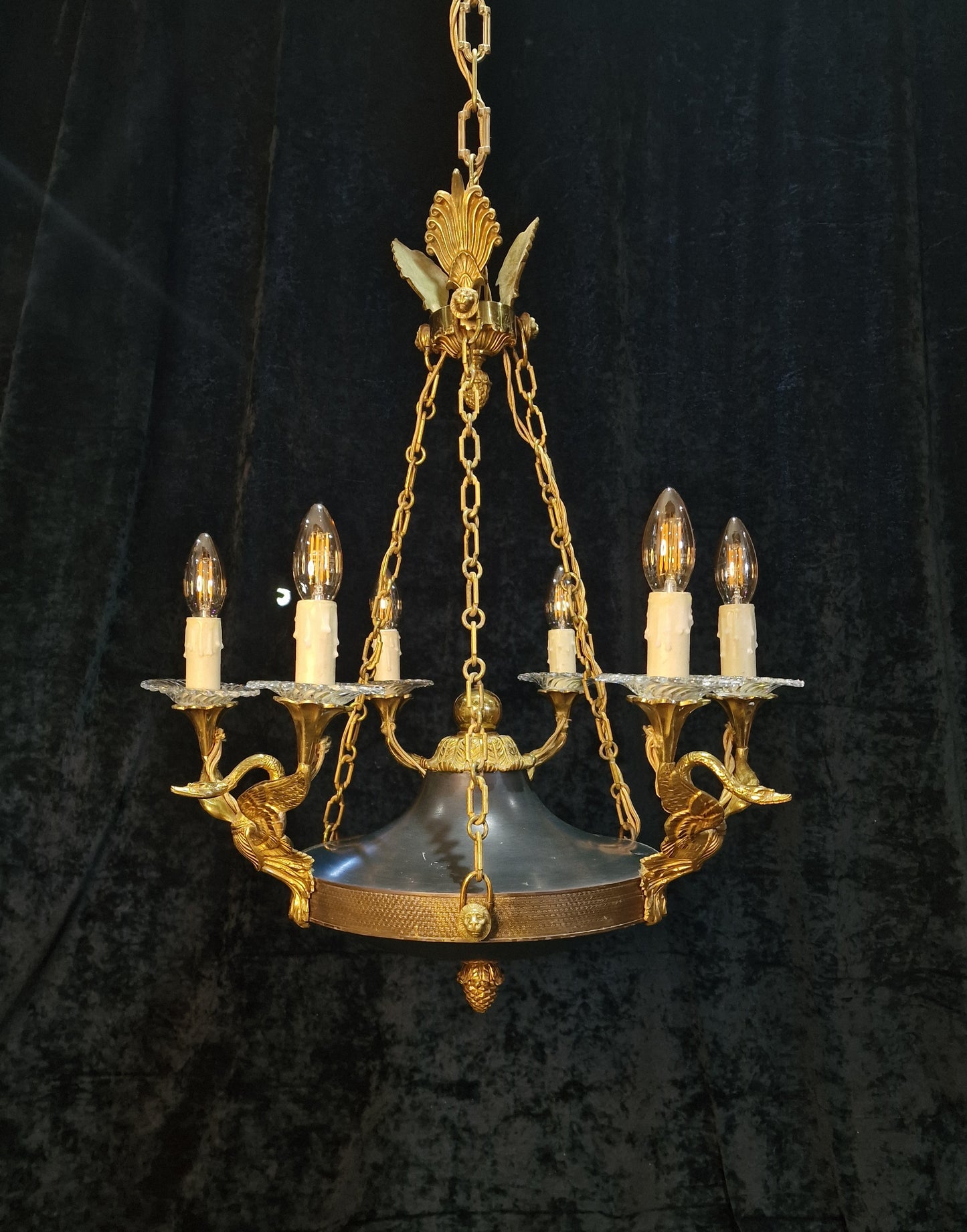 Stately Heavy Vintage French 6 Light Brass Empire Swans Lionheads Chandelier