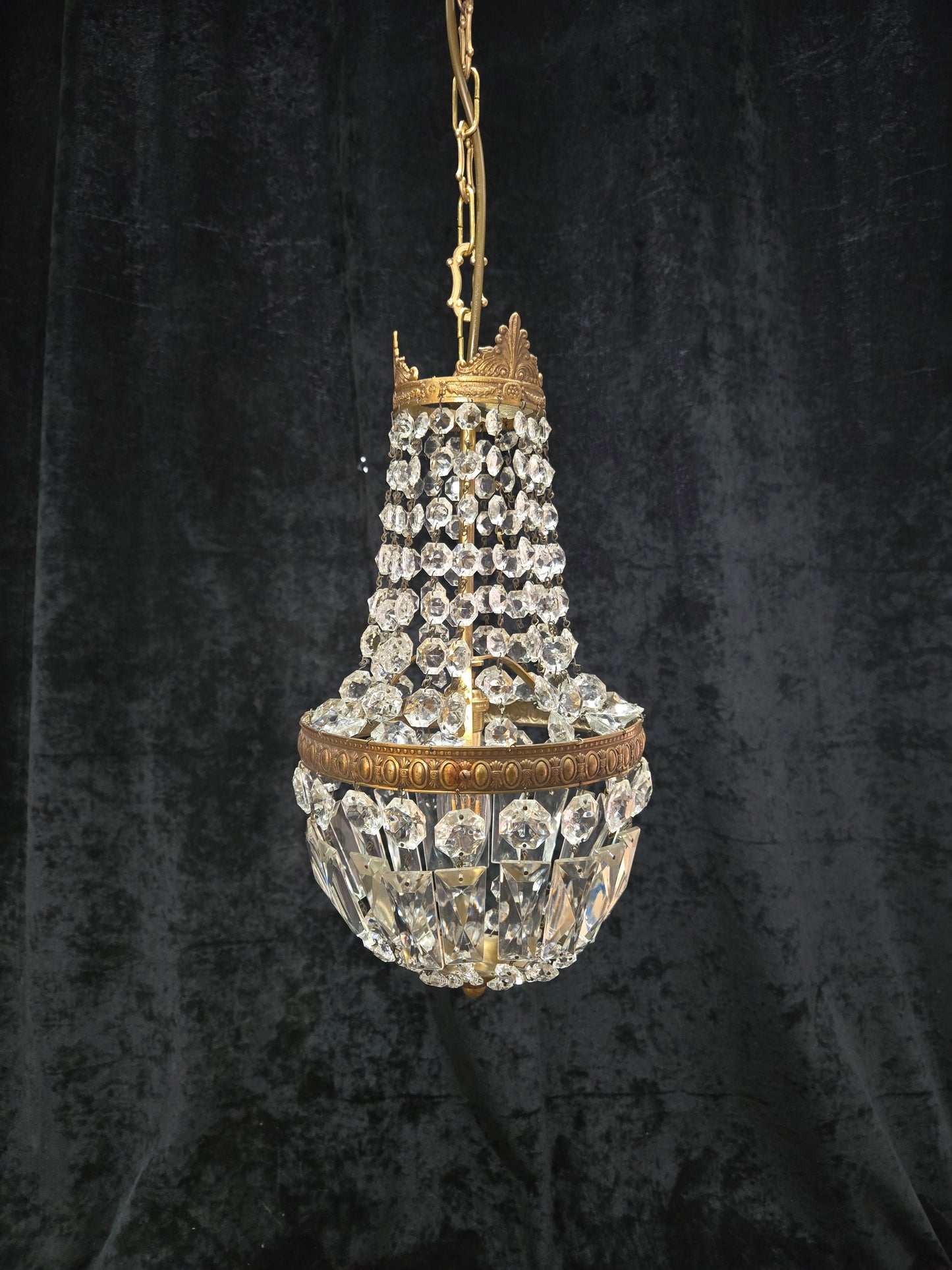 Traditional Antique French 1 Light Brass and Crystal Montgolfiere Chandelier
