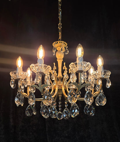 Elegant Vintage Italian 8 Arm Brass Crystal Leaf Chandelier Ceiling Light