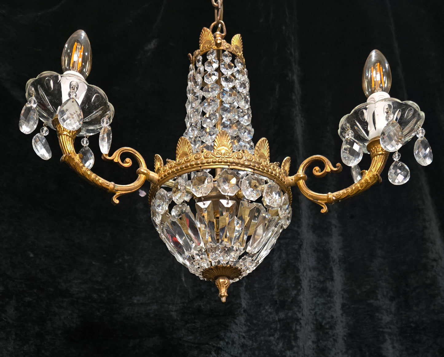 Traditional Vintage French 3 Arm Brass and Crystal Montgolfiere Bag Chandelier