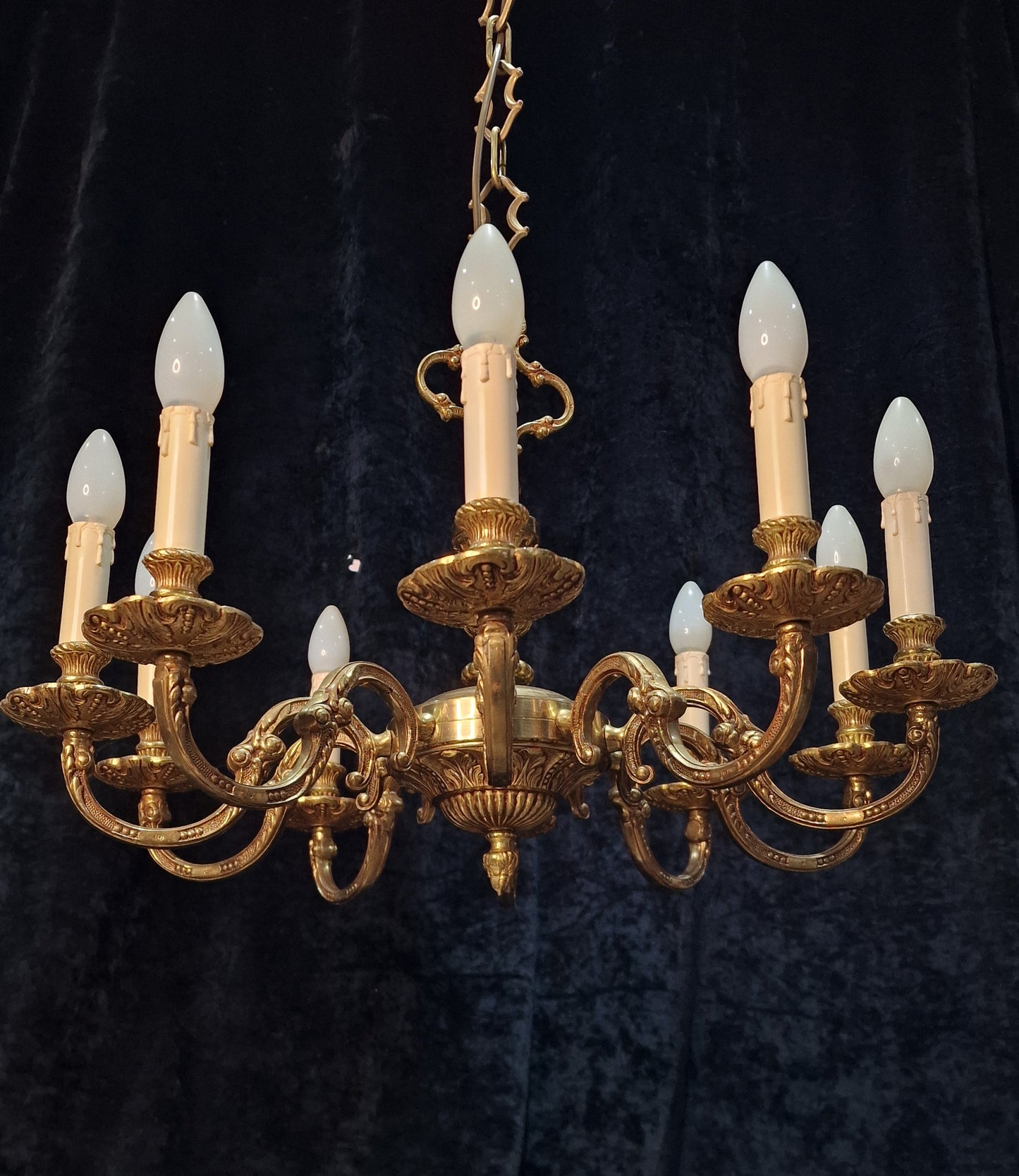 Stately Heavy Vintage French Empire Style 10 Arm Brass Chandelier Ceiling Light
