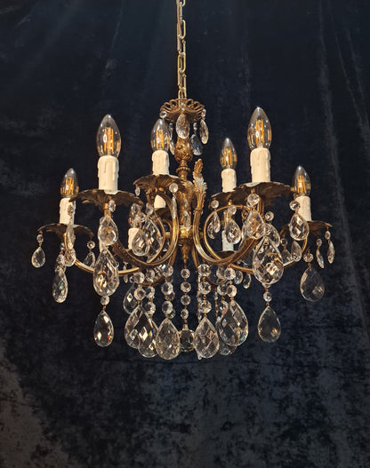 Stunning Antique French 6 Arm 9 Light Heavy Brass Crystal Leaf Chandelier
