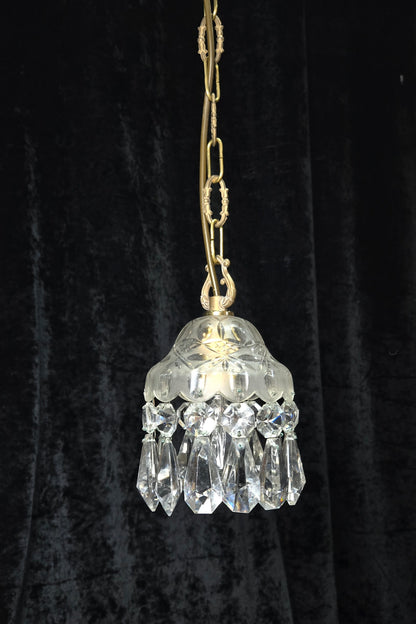 Beautiful Petite Cut Glass Crystal Antique Shade Brass Pendant Light Chandelier