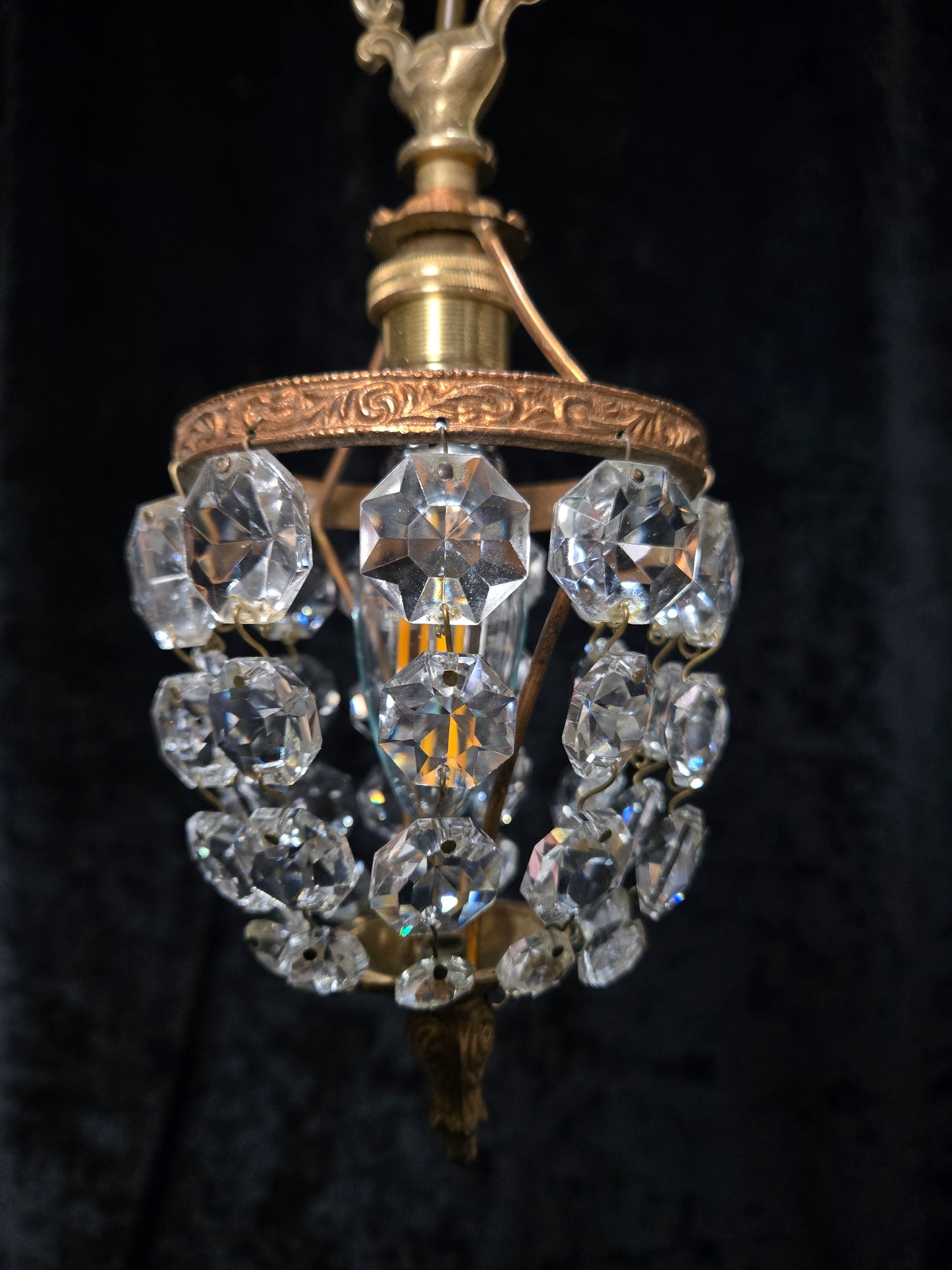 Petite Vintage French Crystal Half Bag Brass 1 Light Chandelier Ceiling Light