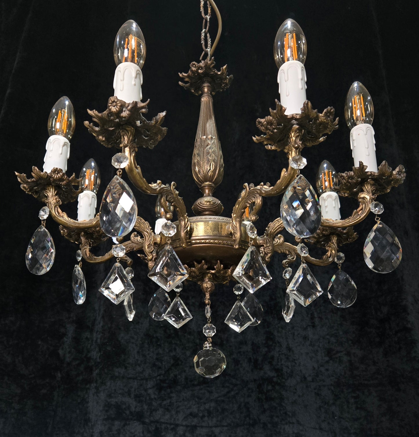 Fabulous Vintage Italian 8 Arm Brass Flower Crystal Chandelier Ceiling Light
