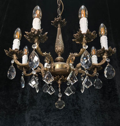 Fabulous Vintage Italian 8 Arm Brass Flower Crystal Chandelier Ceiling Light