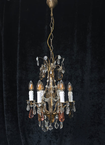 Beautiful Antique Italian 6 Arm Brass Crystal Cage Chandelier Ceiling Light