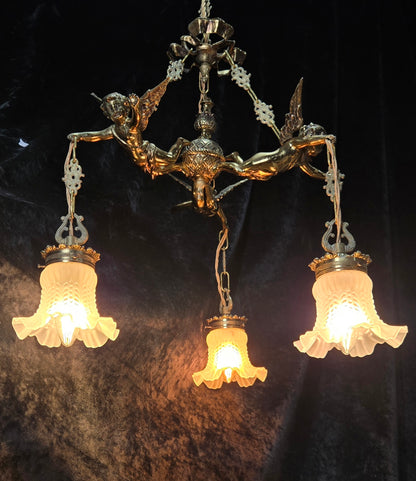 Fabulous Vintage French 3 Light Cherub Brass and Spelter Chandelier with Shades