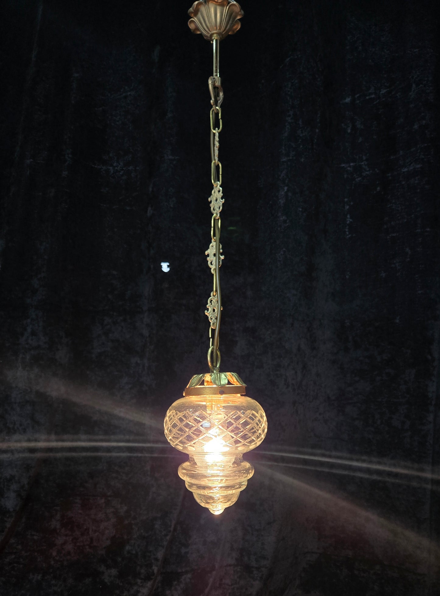 Lovely Vintage Clear Cut Glass Brass Hall Lantern Pendant Light