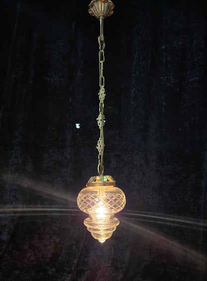 Lovely Vintage Clear Cut Glass Brass Hall Lantern Pendant Light